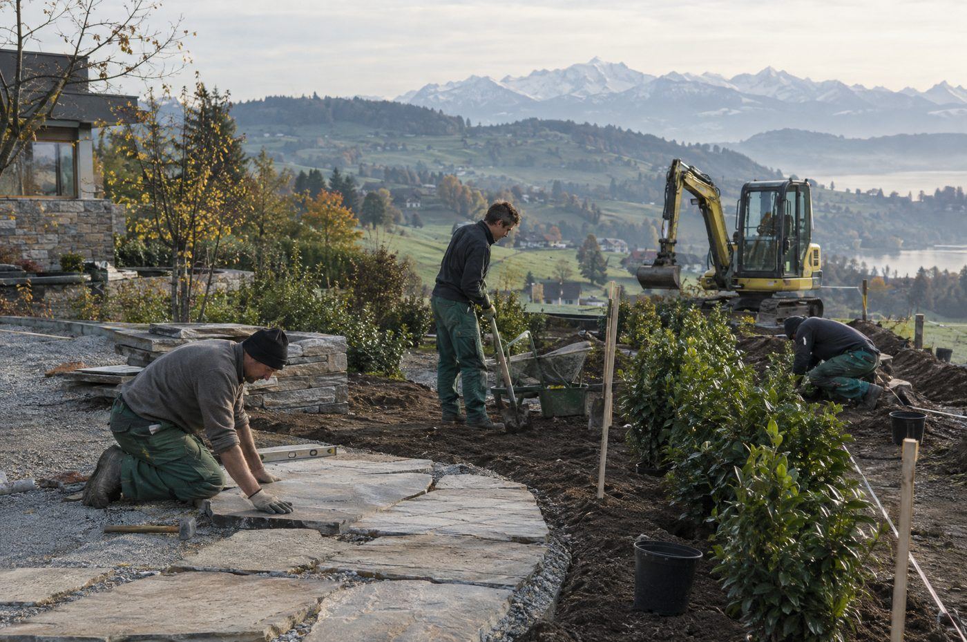 Team eines Garten- und Landschaftsbaubetriebs bei der Arbeit