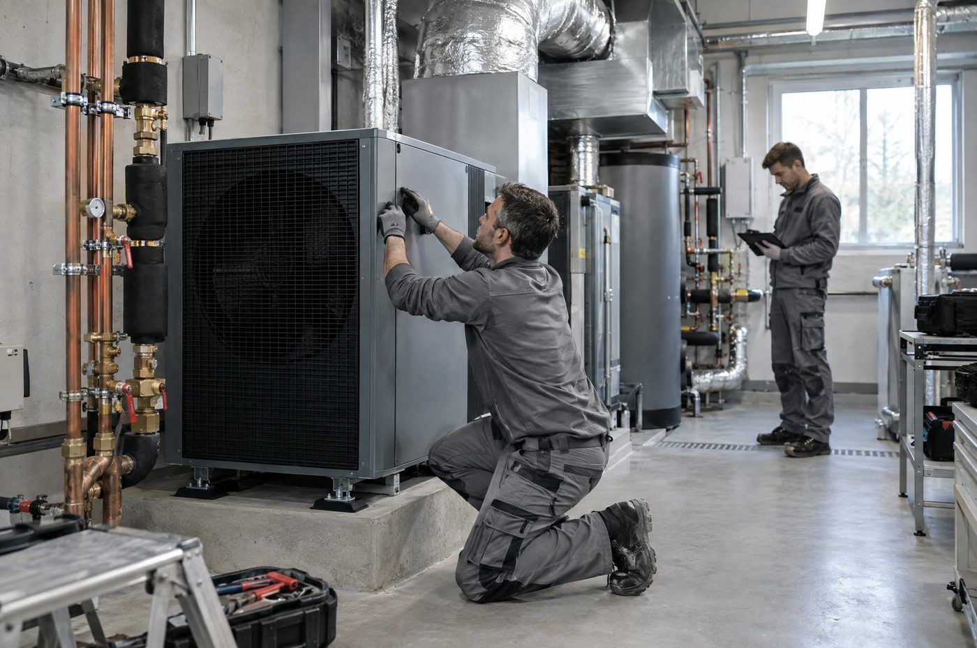 Gebäudetechniker installieren eine Wärmepumpe